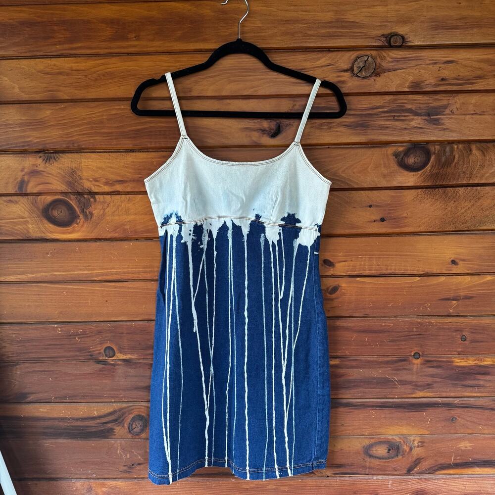 VINTAGE | Y2K Glitter Drip Stretch Denim Slip Dress Size Medium
